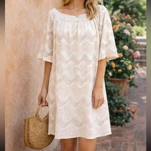 Chelsea Suite Plus Size Lace Overlay Shift Dress in Cream Beige 14W
